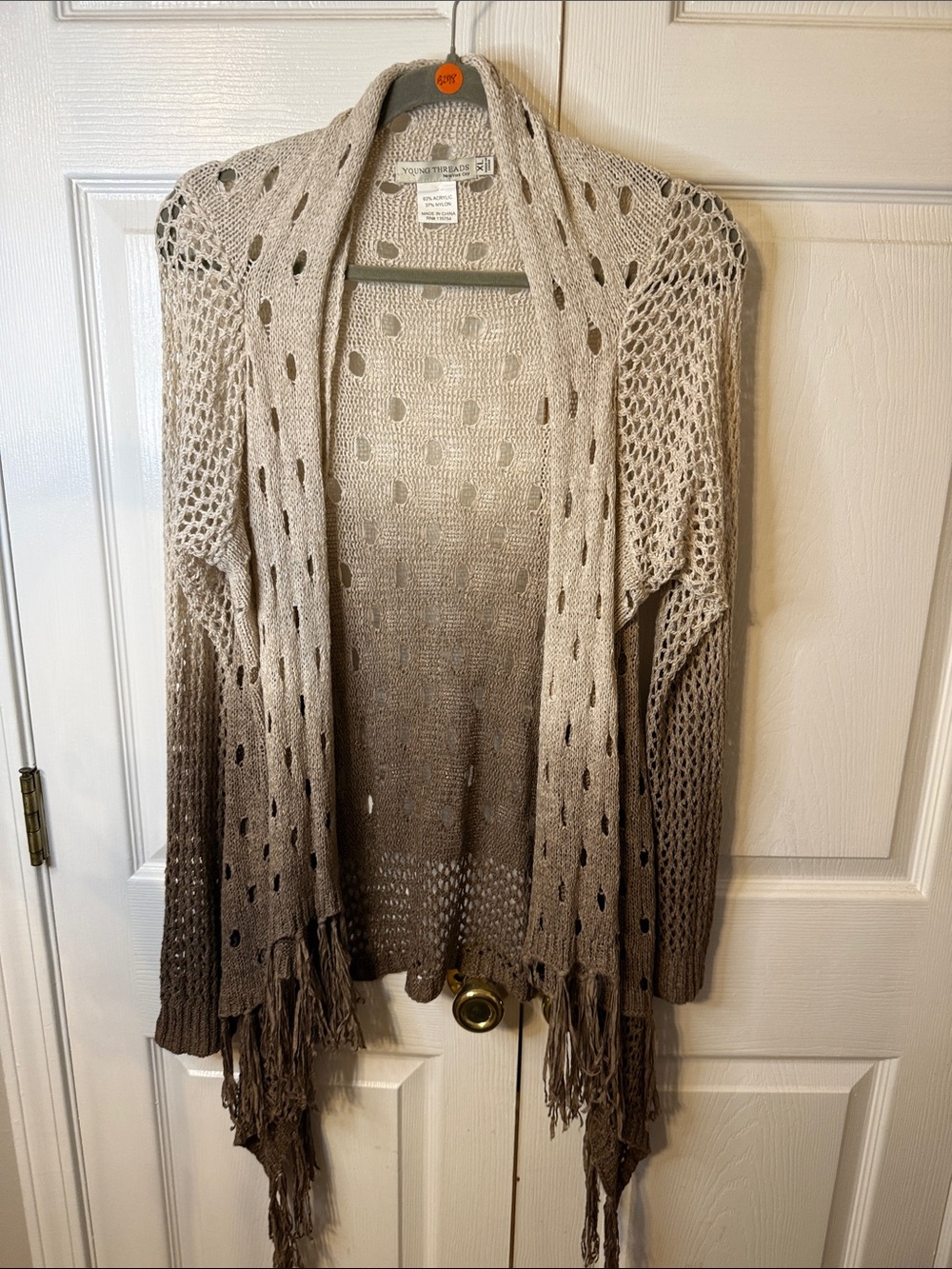 Young Threads Women's Ombre Open-Front Fringe Cardigan Sweater in Taupe